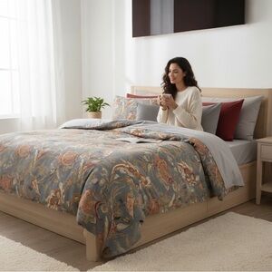 Pottery Barn Gray Ornate Floral Print Linen Cotton King Size Bedding Duvet Cover